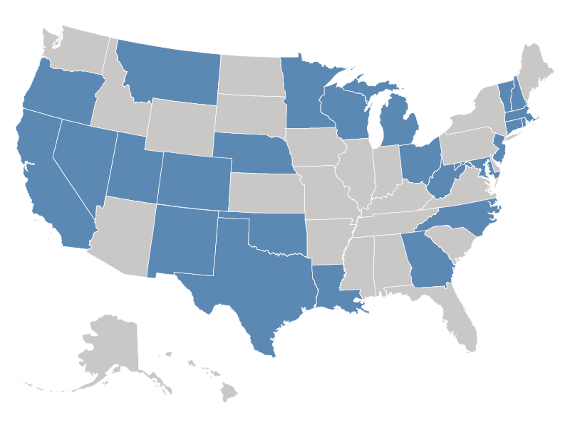 Map of the United States with California, Colorado, Connecticut, Georgia, Louisiana, Maryland, Massachusetts, Michigan, Minnesota, Montana, Nebraska, Nevada, New Hampshire, New Jersey, New Mexico, North Carolina, Ohio, Oklahoma, Oregon, Rhode Island, Texas, Utah, Vermont, West Virginia, and Wisconsin highlighted.